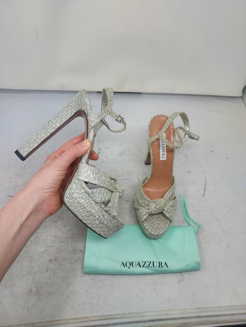 Aquazzura Nina Plateau Silver Gold Metallic Heel Sandal